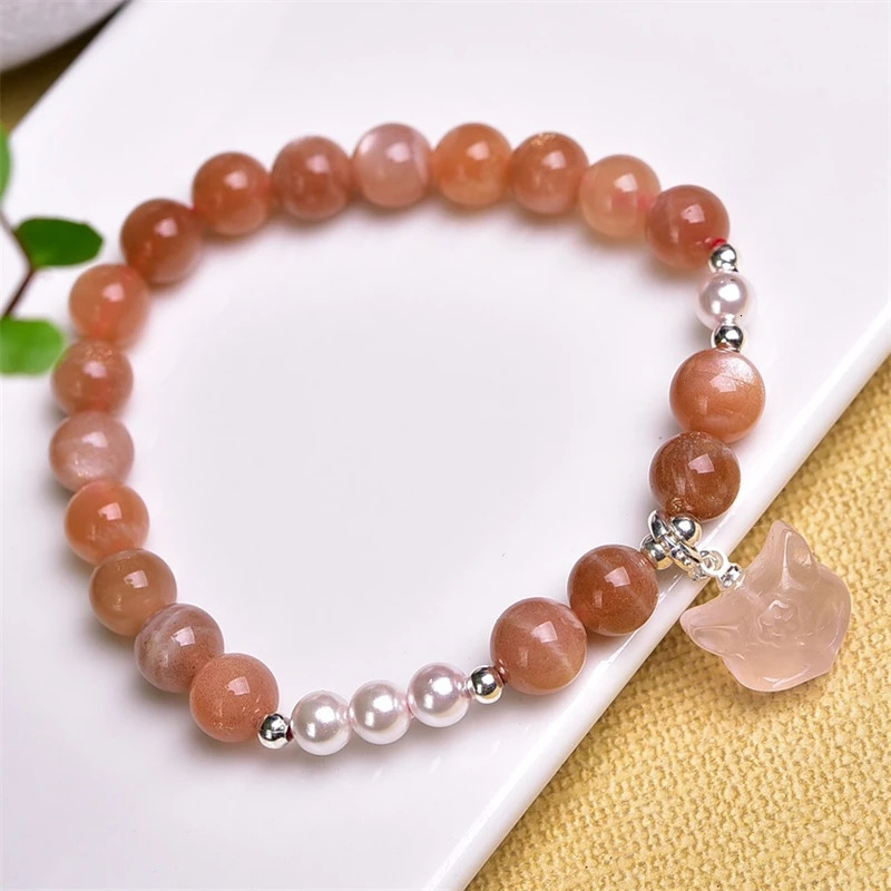 8MM Natural Sunstone Rose Quartz Cat Bracelet For Women Men Love Gift Crystal Beads Strands Jewelry Gift 1PCS 250102