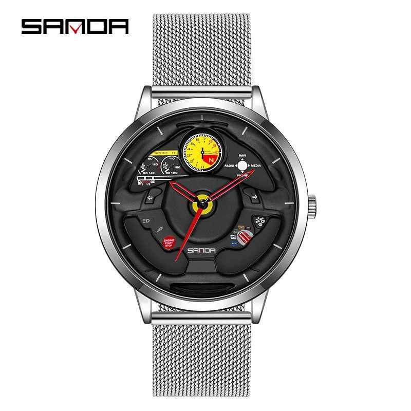 Fashion Sanda Top Brand Innovative Skeleton Mens Sports Car Steering Wheel Waterproof Stainless Steel Leather Quartz W250104