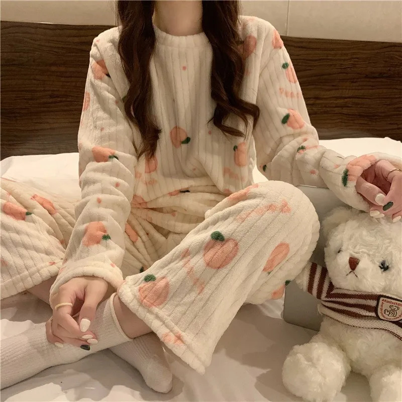 Winter Womens Pajamas Homewear Suit Coral Fleece Warm Set of Fall and Comfortable 250103