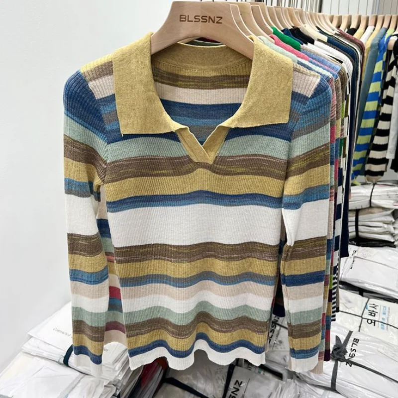 Polo neck womens long sleeved top striped clothing knitted youth provides fashionable and elegant summer womens cotton T-shirt 250103