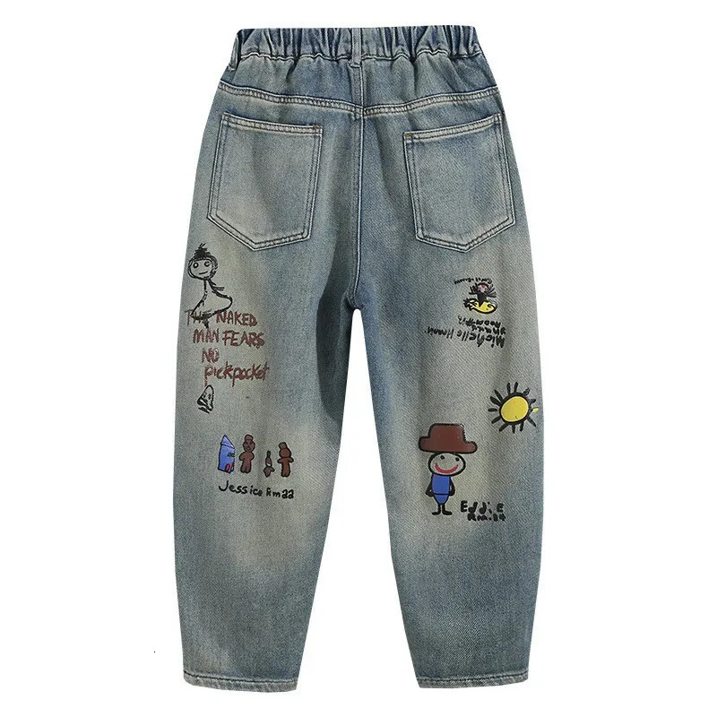 Spring Autumn Childrens Boys Graffiti Jeans Cartoon Printed Stretch Loose Versatile Baby Boys Pants Kids Boys Denim Pants 250103