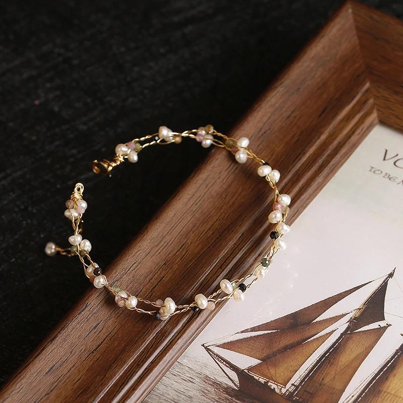 Original handmade 14K gold filled natural freshwater pearl tourmaline womens bracelet jewelry womens birthday gift 250102