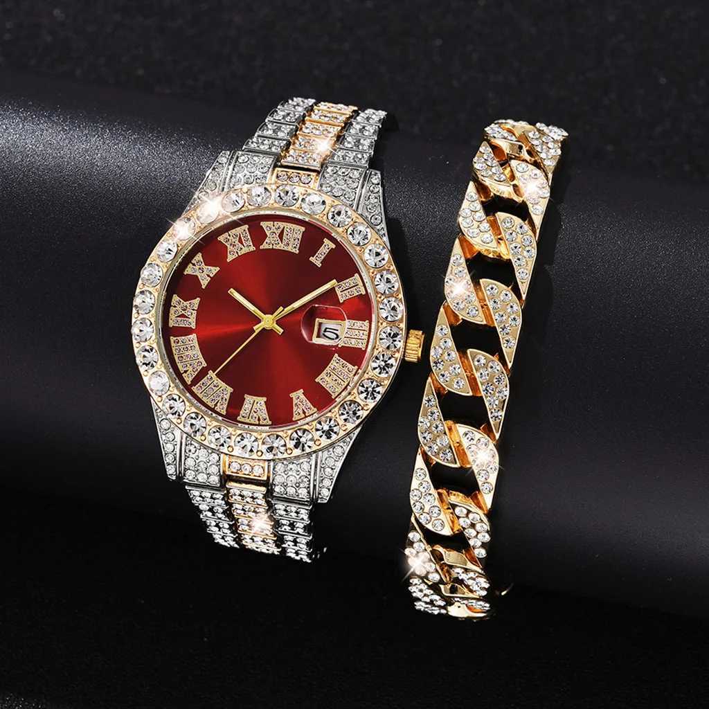 2 pieces+Bracelet Hip Hop Stain Steel Gold Calendar suitable for mens d out Rhine stone mens Reloj Hombre W250104