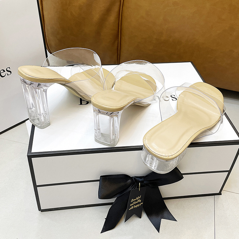 Ddmywed Wearing Thick Heels On The Outside Of Sandals, Summer High Transparent One Line Crystal Heels, Half Slippers, Female Chinese Brand Shoes F0104