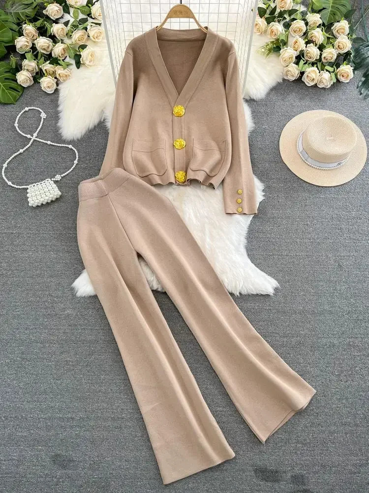 Women Outfits Sweater Two Piece Set Autumn Winter Vneck Single Breasted Knitted Jacket High Waist Straight Leg Wide Pants Suits 241223