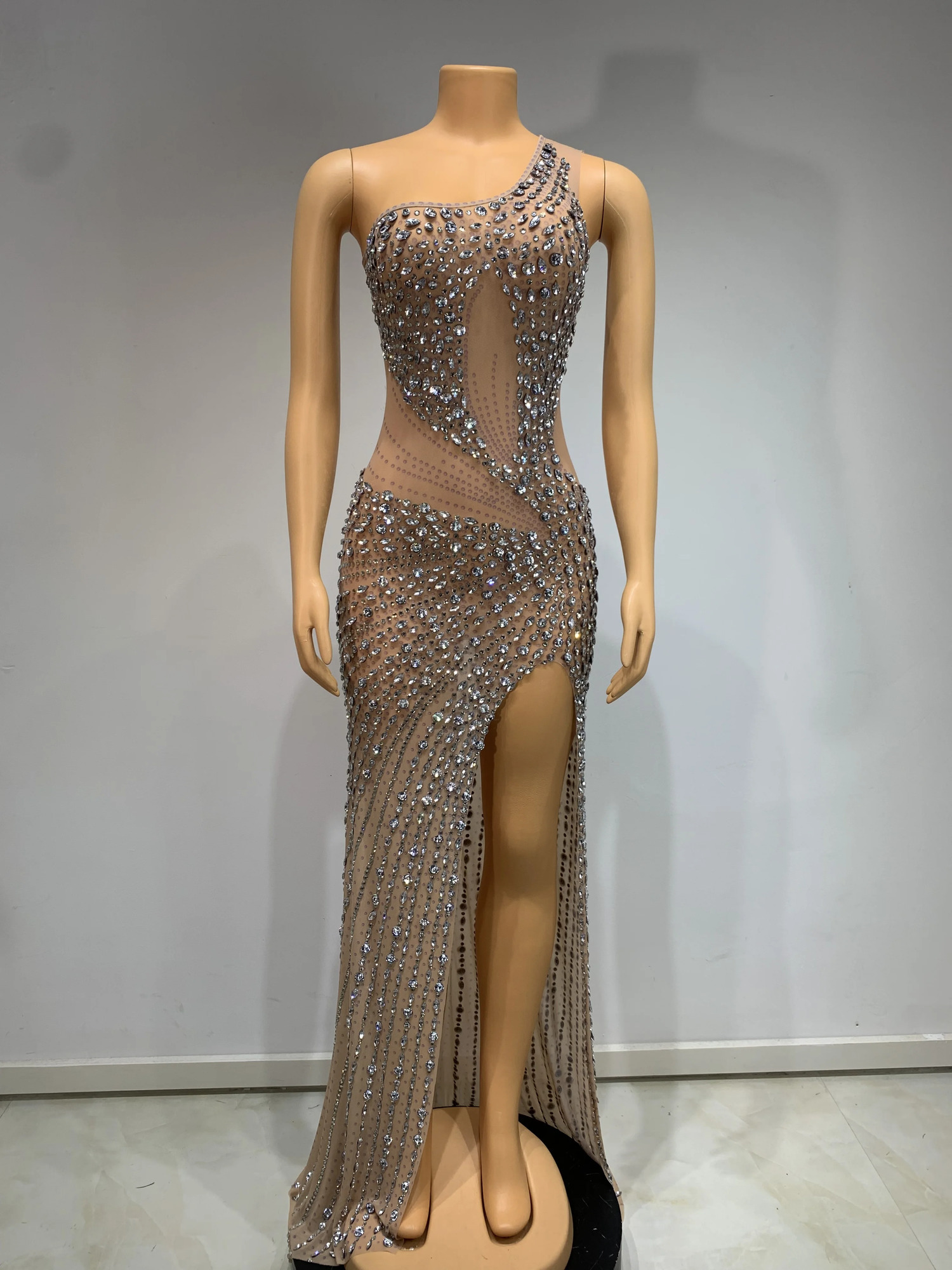 Womens Sparkling Rhinestone Sexy Mesh Stretch Long Dress Elegant Evening Dress Club Singer Stage Performance Costume 250103