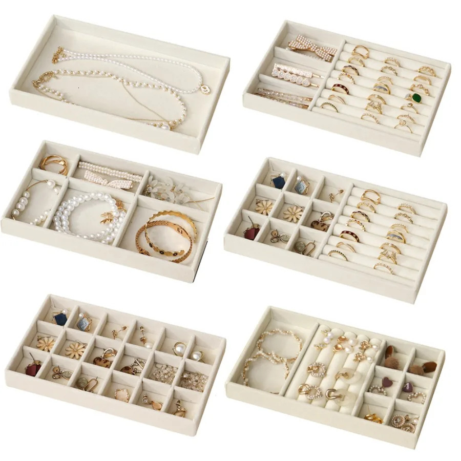Velvet Jewelry Tray Storage Drawer Small Stackable Beige Boxes and Packaging Suitable for Ring Earrings Simple Practical 241225
