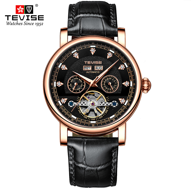 TEVISE Automatic Mechanical Watch Mens Business Fashion Mens Mechanical Wristwatch Waterproof Leather Watch T023 T867C