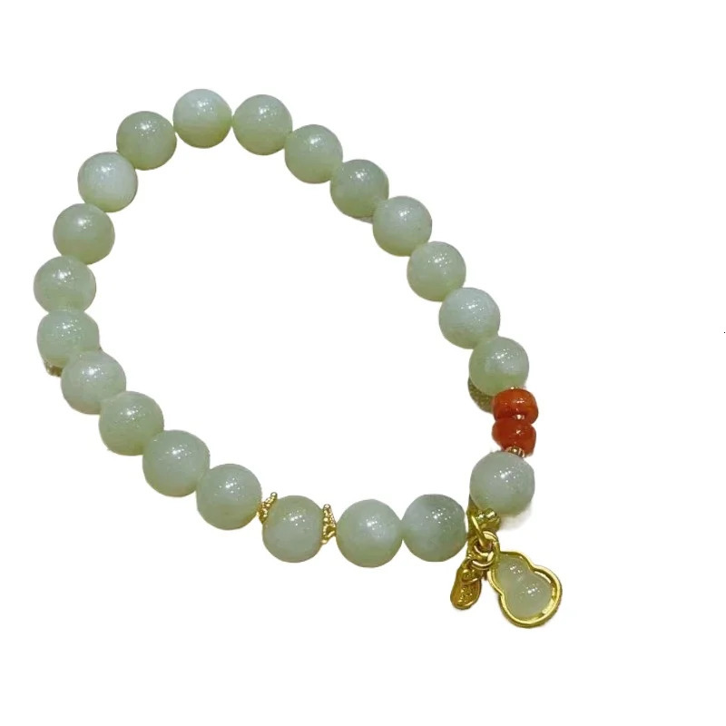 Natural Hetian Jade Round Bead Bracelet with Gourd Accessories Fashionable Womens Models 250102