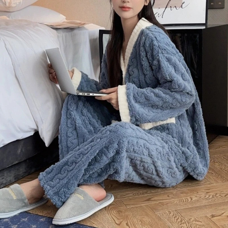 2pcsSet Autumn and Winter Pajamas Women Thickened Padded Warm Students Coral Girls Clot Velvet Suit Homewear Cardigan Trousers 250103