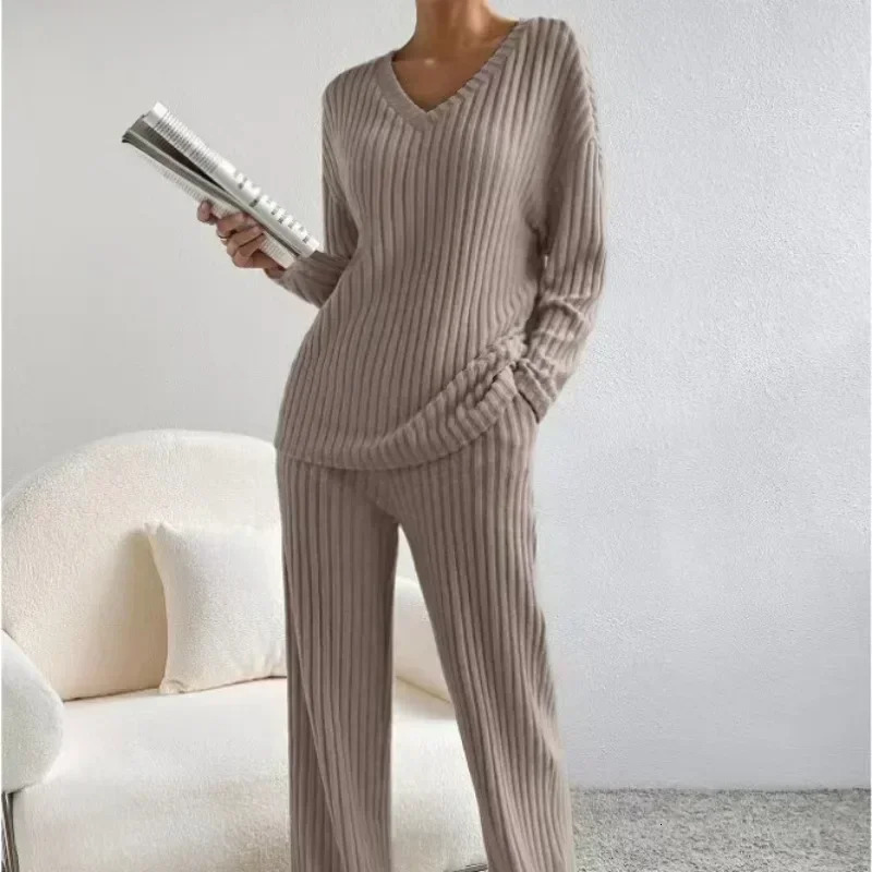 Womens Pajamas Autumn Winter Casual Straight Pants Pullover Sleepwear Loose V Neck Knitted Home Wear Two Piece Loungewear 250103