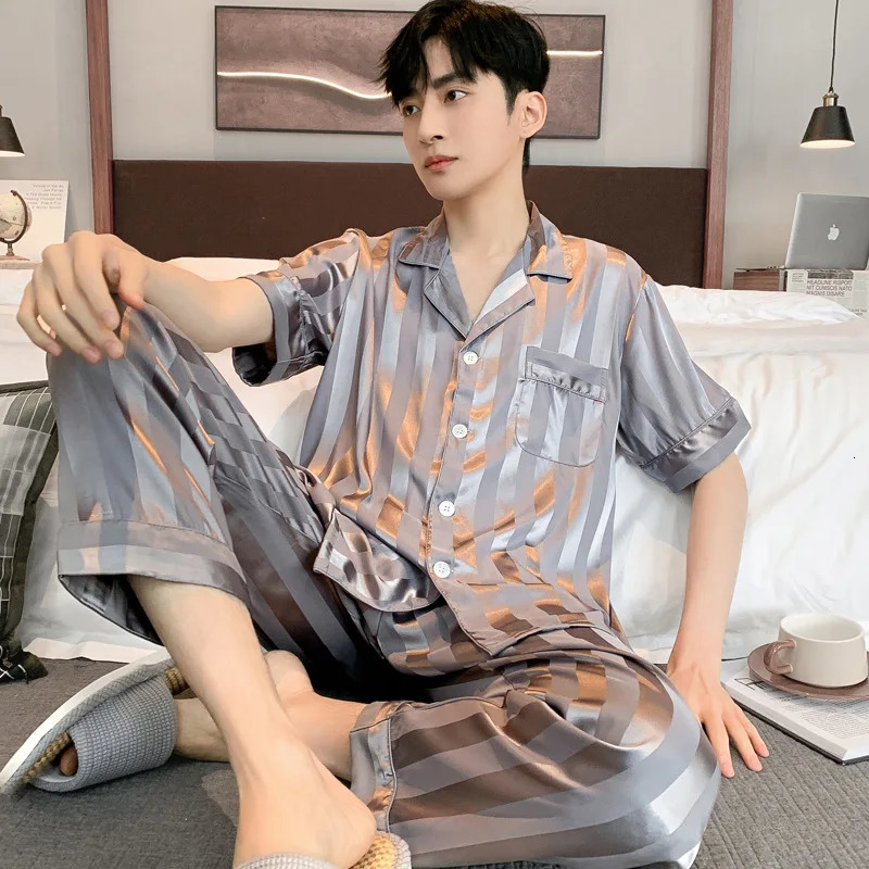Mens Pajama Summer Longsleeved Ice Silk High Quality Stain Sleepwear Suit Home Clothes Male Night Wear Pyjamas Gentlemen 250103