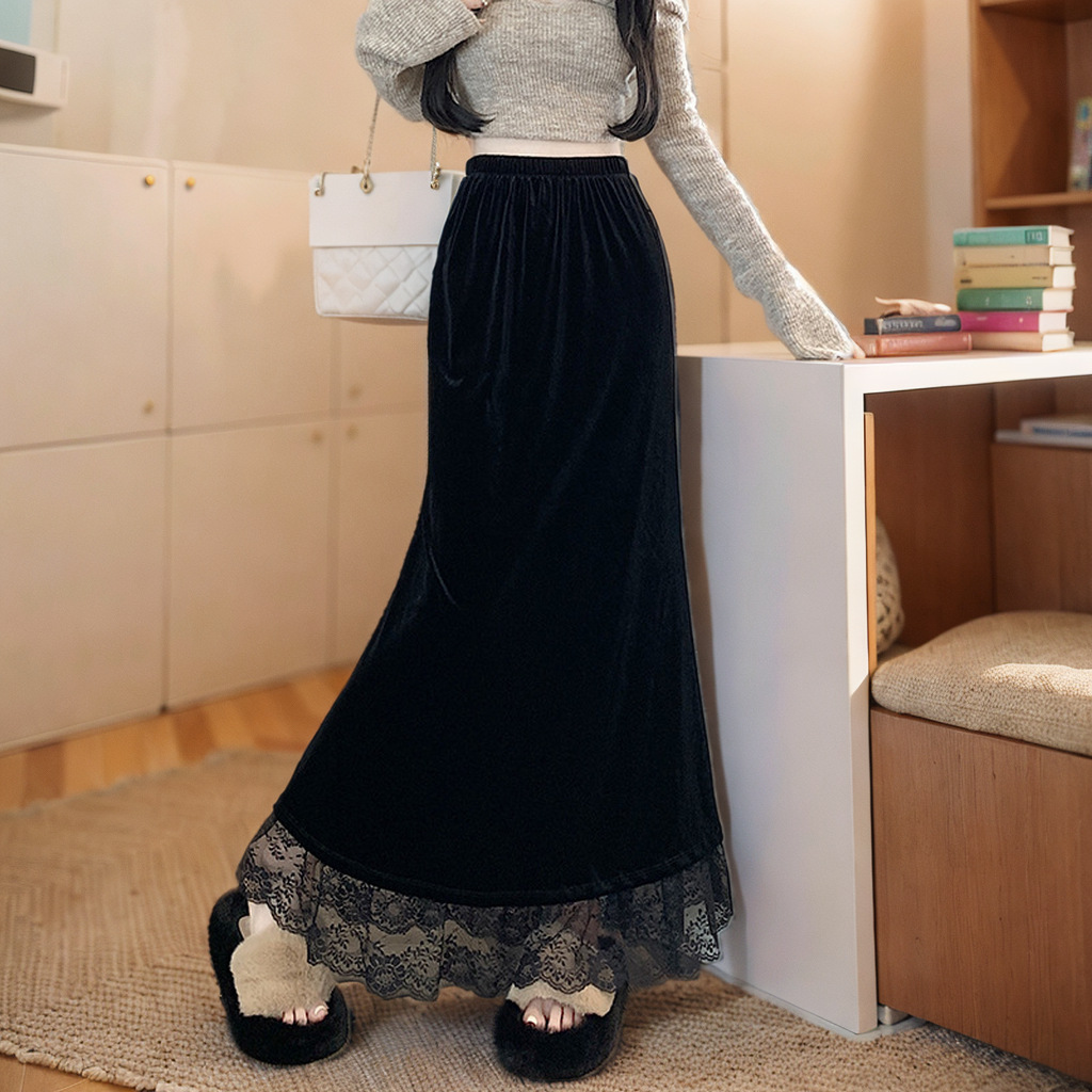 CL119463 Lace splicing gold velvet skirt female autumn and winter high waist slim elastic waist fishtail skirt A-line long skirt
