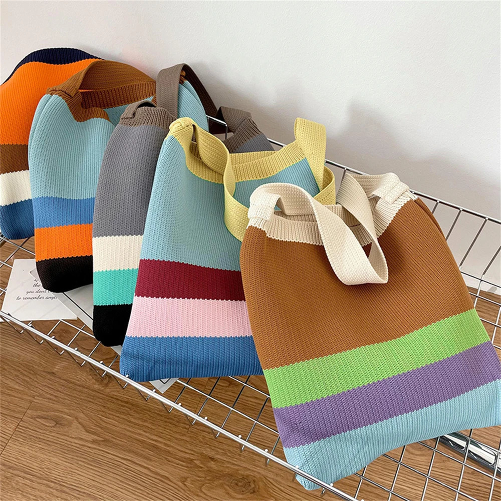 Womens Knitted Striped Shoulder Bag Female Woven Crossbody Handbag Eco Large Capacity Shopper Bag Retro Rainbow Storage Bag 250102