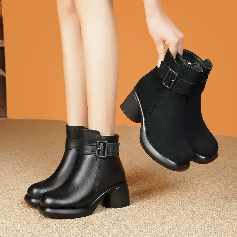 AIYUQI Snow Boots Women Genuine Leather Women Ankle Boots High Heel Fashion Non-slip Natural Wool Women Winter Boots