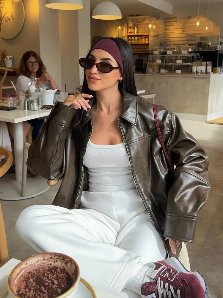 Retro Brown Lapel Womens Pilot Jackets Fashion Loose Long Sleeved Zipper Pocket Coat Versatile Commuting Ladies Streetwear 241224