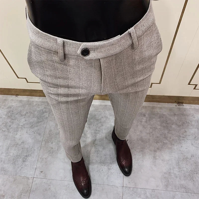 Autumn Winter Thickened Woolen Suit Pant High Quality Men Business Slim Striped Trousers Formal Wear Office Social Dress Pants 250103