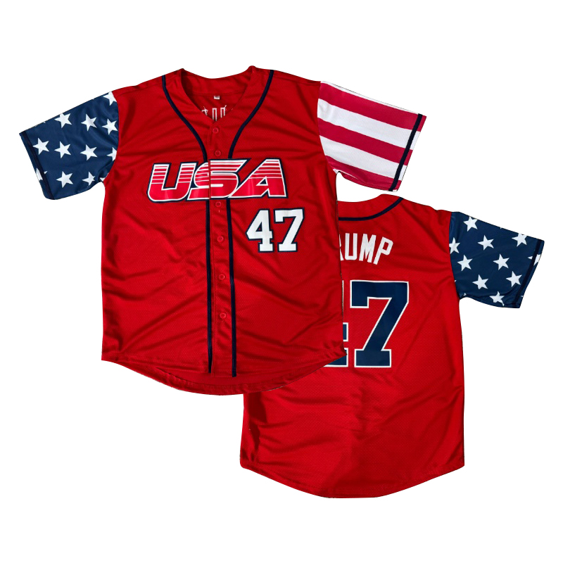 Men's Red 47 Embroidered Baseball Jersey Patriotic V-Neck Button-Up Lightweight Polyester Perfect for Sports Casual & Party Wear