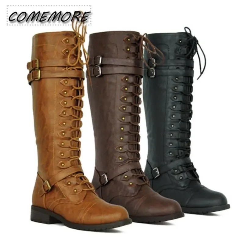 Women Knee High Boots Autumn Winter Lace Up Flat Shoes Sexy Steampunk PU Retro Buckle Woman Footwear Ladies Snow Boots Platform 250103