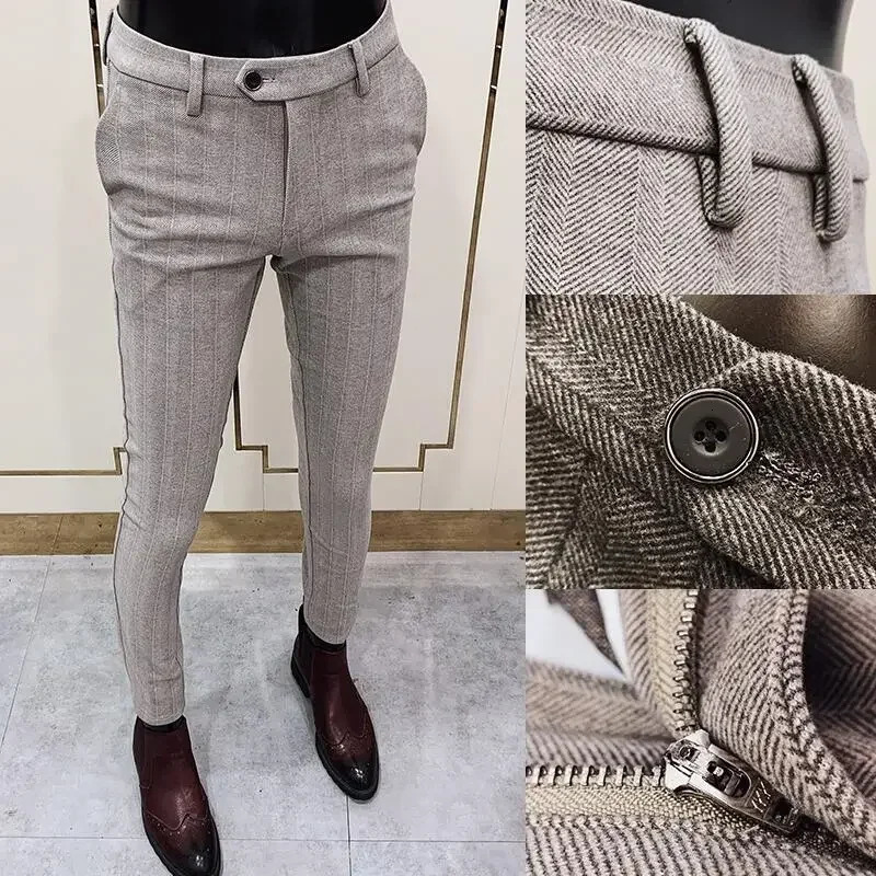 Autumn Winter Thickened Woolen Suit Pant High Quality Men Business Slim Striped Trousers Formal Wear Office Social Dress Pants 250103