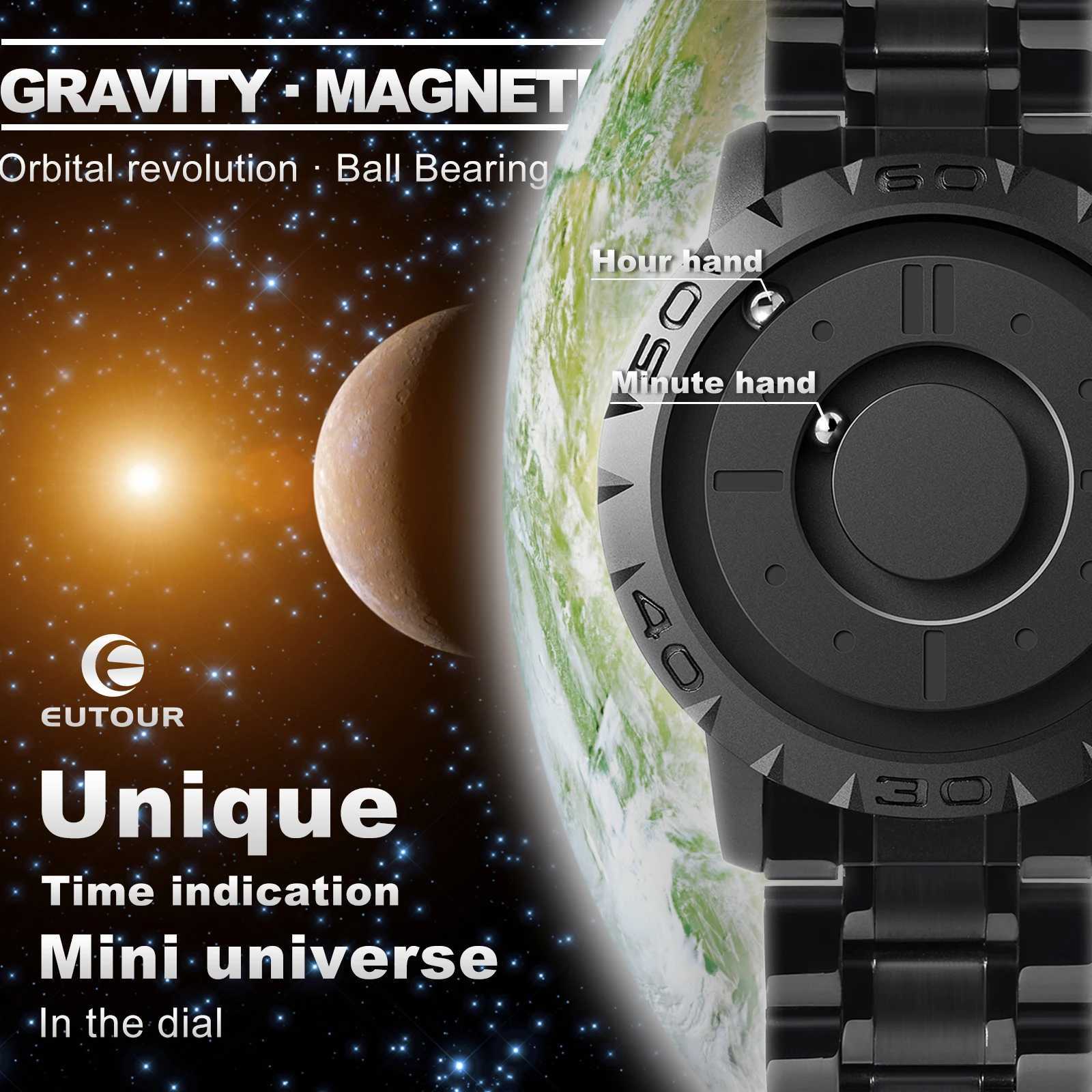EUTOUR Mens Magnetic Mens Quartz Waterproof Leather Stainless Steel Bracelet Black Dial Fashion Sports W250104