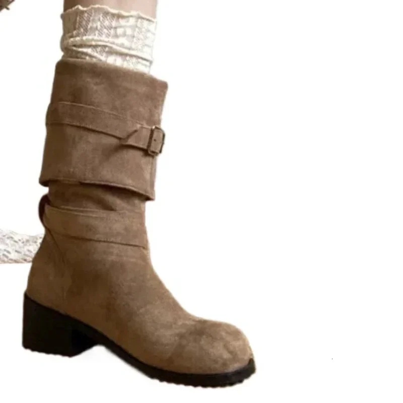 2024 Spring and Autumn High Quality Womens Shoes Fashionable Round Toe Medium Heel Solid Color Suede Sleeve Womens High Boots 250103