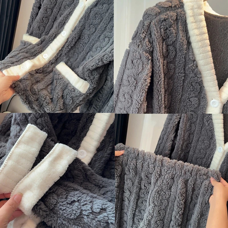 2pcsSet Autumn and Winter Pajamas Women Thickened Padded Warm Students Coral Girls Clot Velvet Suit Homewear Cardigan Trousers 250103