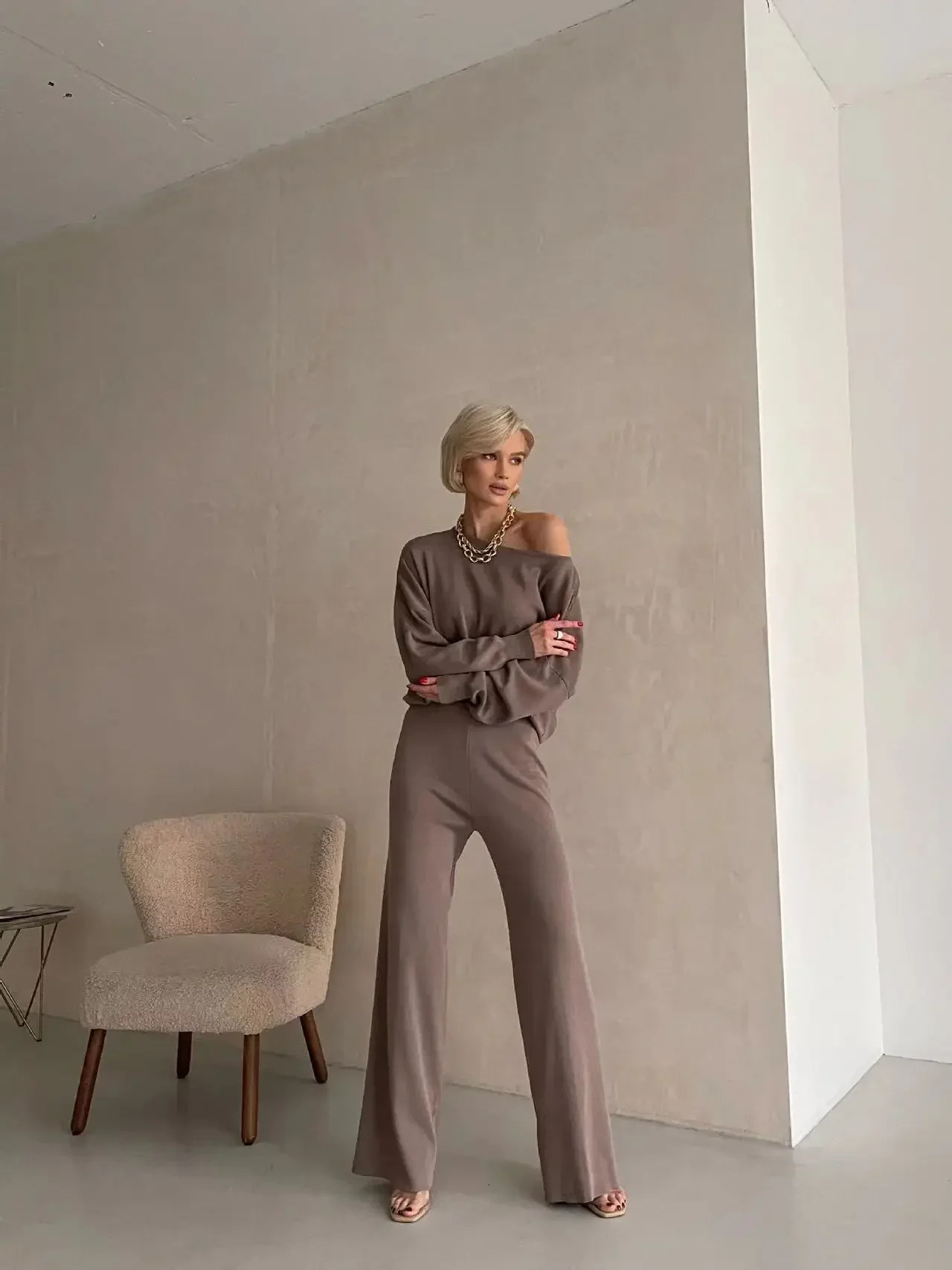 2024 Autumn One Shoulder Sexy Knit Two Piece Set Casual 2 Tracksuit Women Knitted Pants Suit and Top Matching Sets y241223