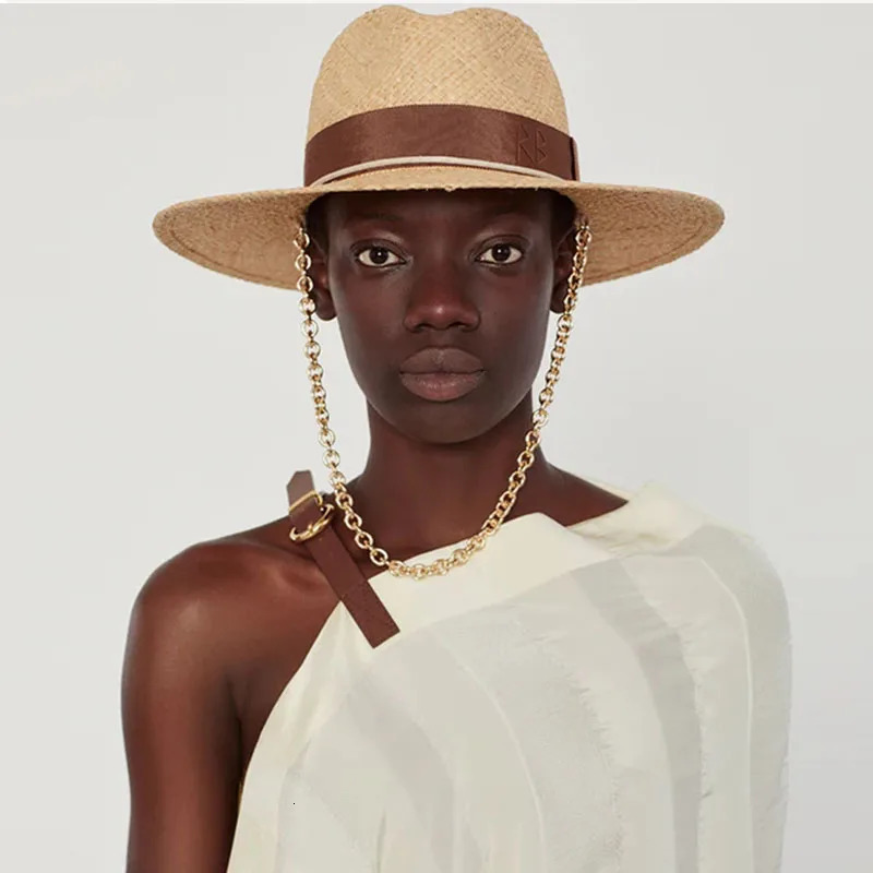 Chain Strap Straw Fedora Hat Embellished Beach Hats with Chain For Women Straw Woven Sun Hats Summer Holidaty Panama Hat 250103