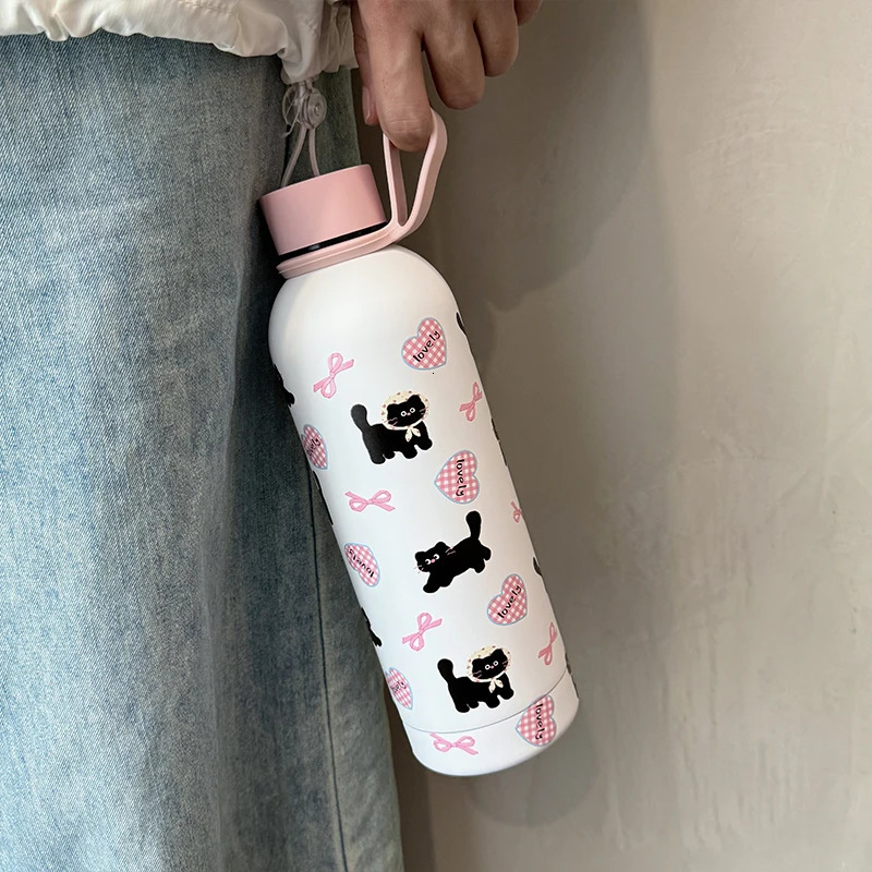 Cute Coffee Tumbler Stainless Steel Thermal Kawaii Cat Thermos Tea Cup Gift Girl Insulated Water Bottle With Handle 500ml 250103 W260226
