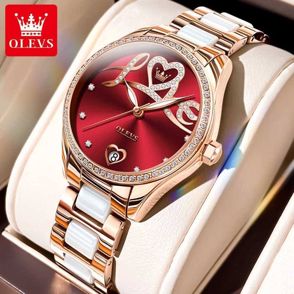 OLEVS Original Automatic Womens Watch Elegant Diamond Dial Ceramic Str Mechanical Watch Set W250104