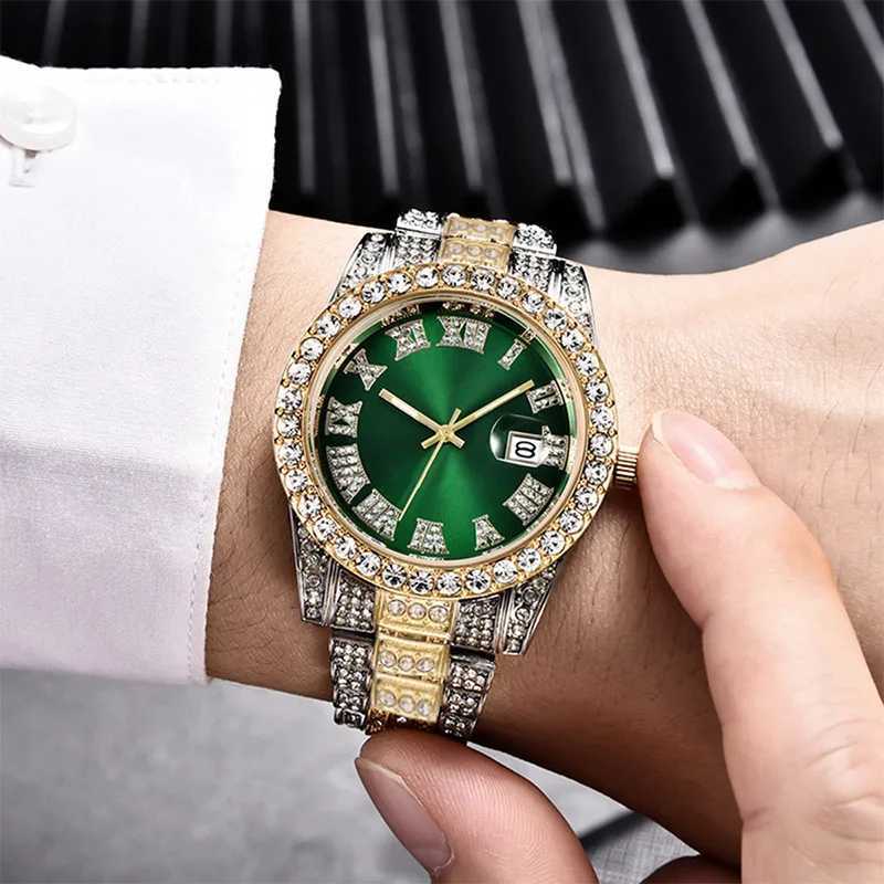 2 pieces+Bracelet Hip Hop Stain Steel Gold Calendar suitable for mens d out Rhine stone mens Reloj Hombre W250104