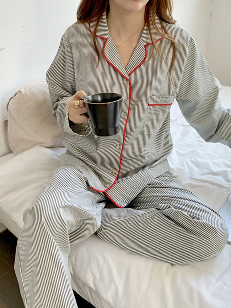 Korean Fashion Striped Leisure Wear Pajama 2 Piece Set Women Nightgown Cosplay Sexy Autumn Winter Sets 250103