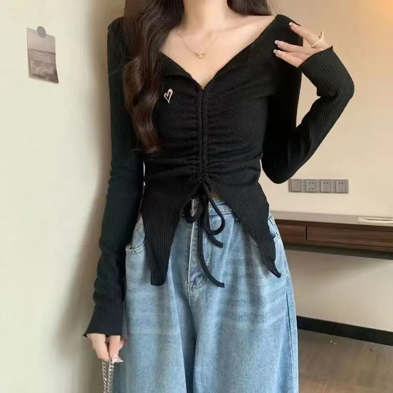 Sweet Drawstring Short T Shirts Spring Autumn long sleeved V-neck solid seam hem sexy slim fit top Y2K fashion womens clothing 250103