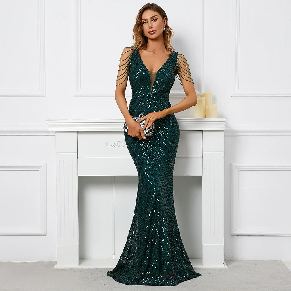 YIDINGZS Womens Beaded Party Dress V-neck Silver Glitter Evening Dress Sexy Party Long Dress 250103