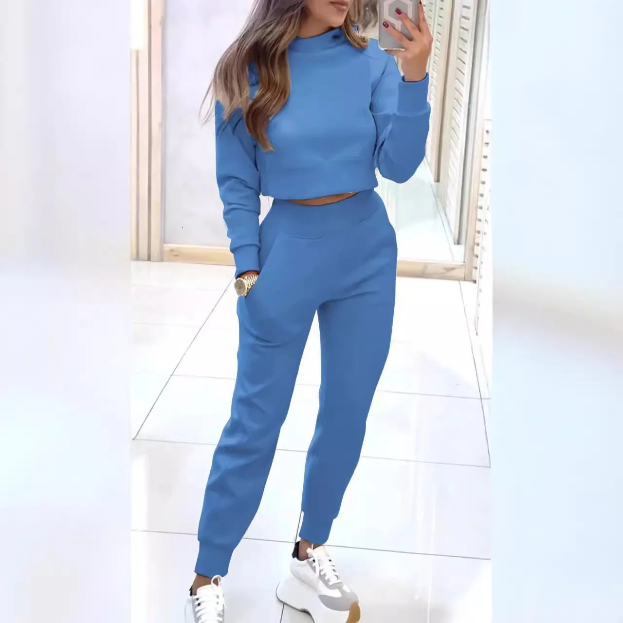 Fashion long sleeved half neck short top9-point pants 2-piece set elegant autumn solid color ultra-thin womens suit 241230