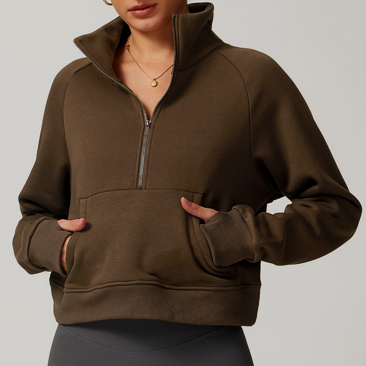 Winter New Loose Women's Long Sleeved Lamb Thick Pocket Fleece Half Zipper Jacket Warm And Flannel