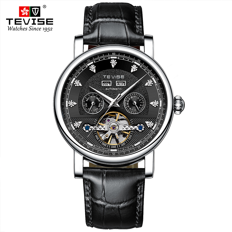 TEVISE Automatic Mechanical Watch Mens Business Fashion Mens Mechanical Wristwatch Waterproof Leather Watch T023 T867C
