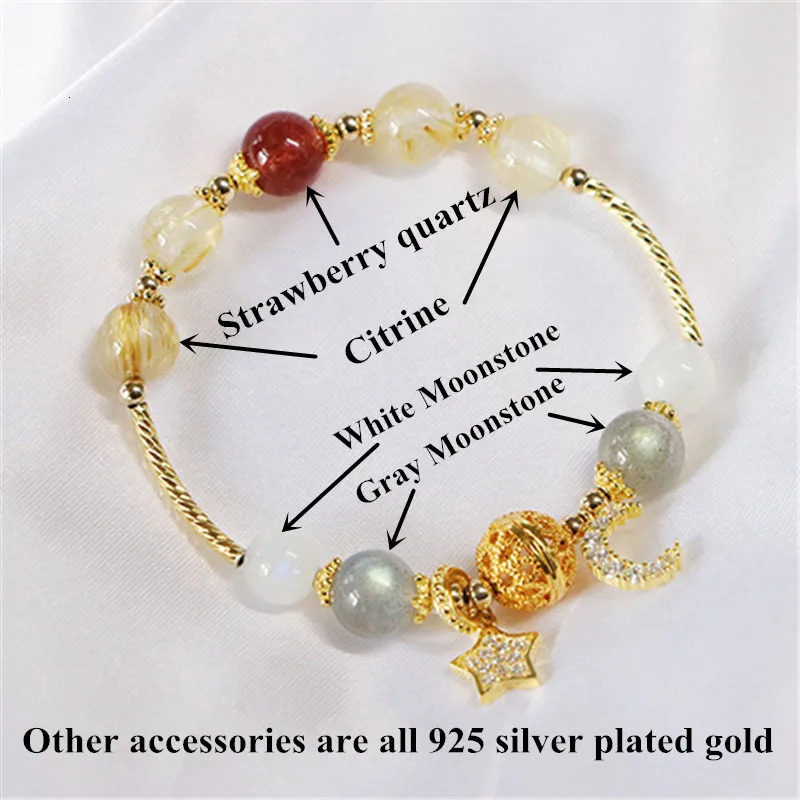 Natural Stone Bracelet and Bracelet Crystal Bead Bracelet Womens Moon Stone Lemon Strawberry Quartz 925 Silver Jewelry 250102