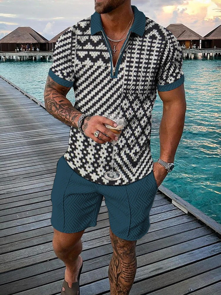 Men Summer Polo Shirt Set 2 Pieces Hawaii Tracksuit Casual Business Suit Fashion Trun Down Collar Zipper Clothing Vintage Outfit 250102