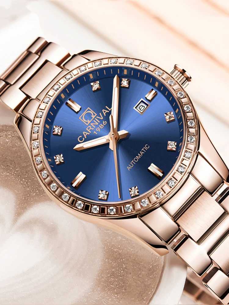 Carnival New Luxury Rose Gold Blue Dial Women Dr Automatic Mechanical es Bracelet Womens Gift Reloj Mujer W250104