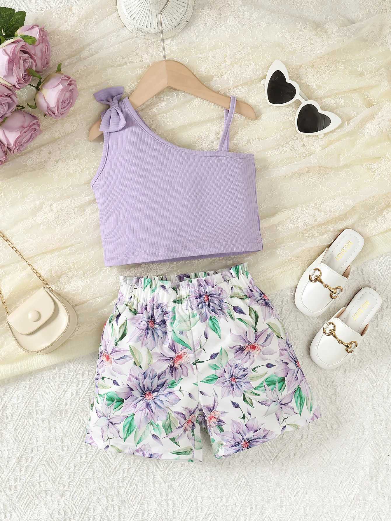2PCS Summer Childrens Girls Clothing Set Pendant Bow Top+Flower Shorts Fashion Design Par Childrens Girls Clothing 1-8 YearsXJ250410