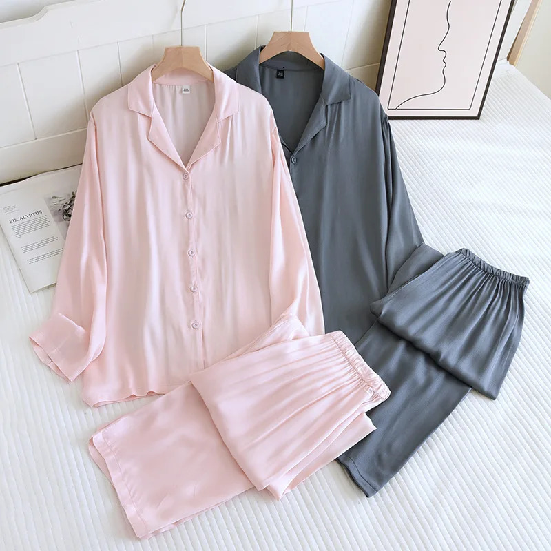SpringSummer Thin Gongsatin Pajamas Long sleeved Women and men Set with a Draping Silky Smooth Homewear 250103