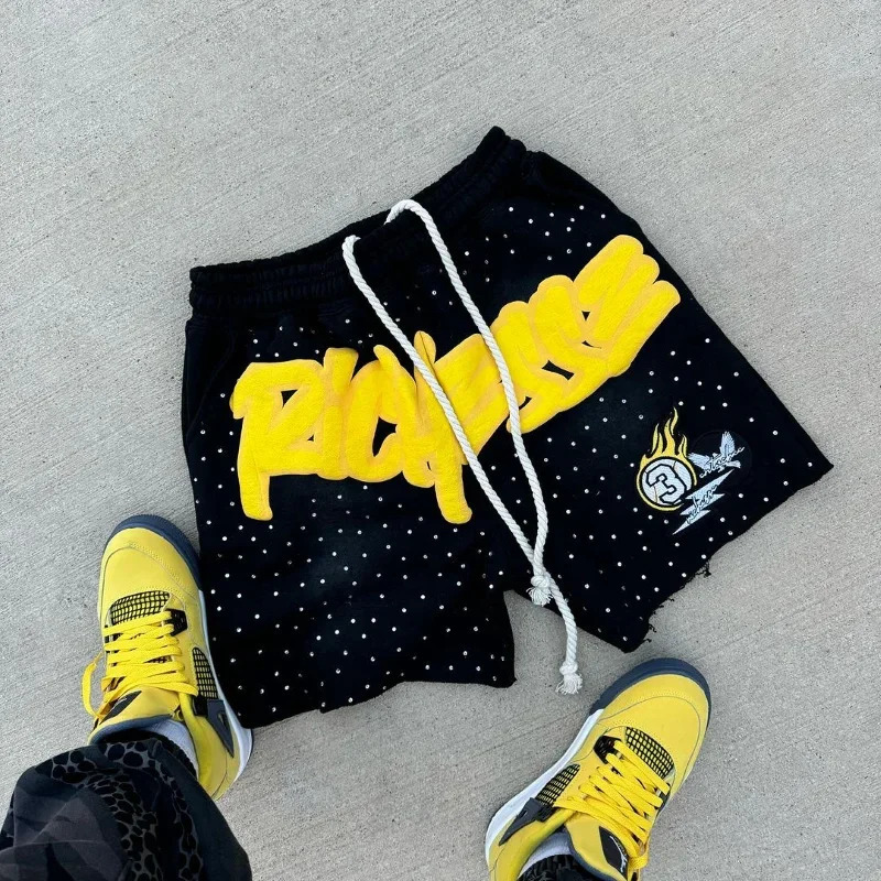 American letter printing mens street shorts fashion Rhinestone shorts mens clothing loose casual sports pants 241231