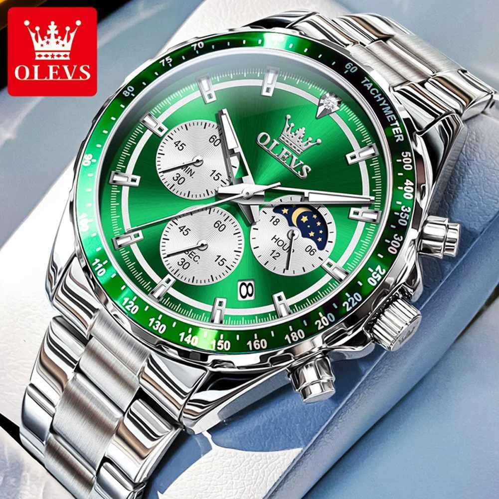 OLEVS Green Mens Timekeeping Luxury Dr Moon Quartz Stainless Steel Waterproof Luminous Busin Watch W250104