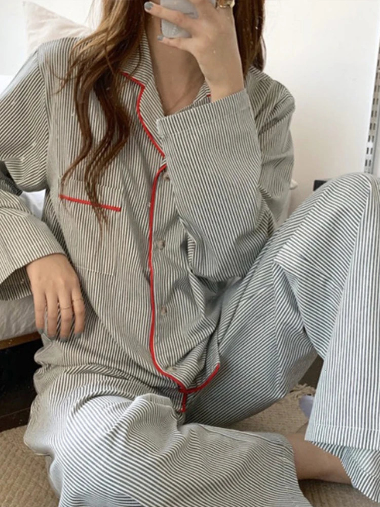 Korean Fashion Striped Leisure Wear Pajama 2 Piece Set Women Nightgown Cosplay Sexy Autumn Winter Sets 250103