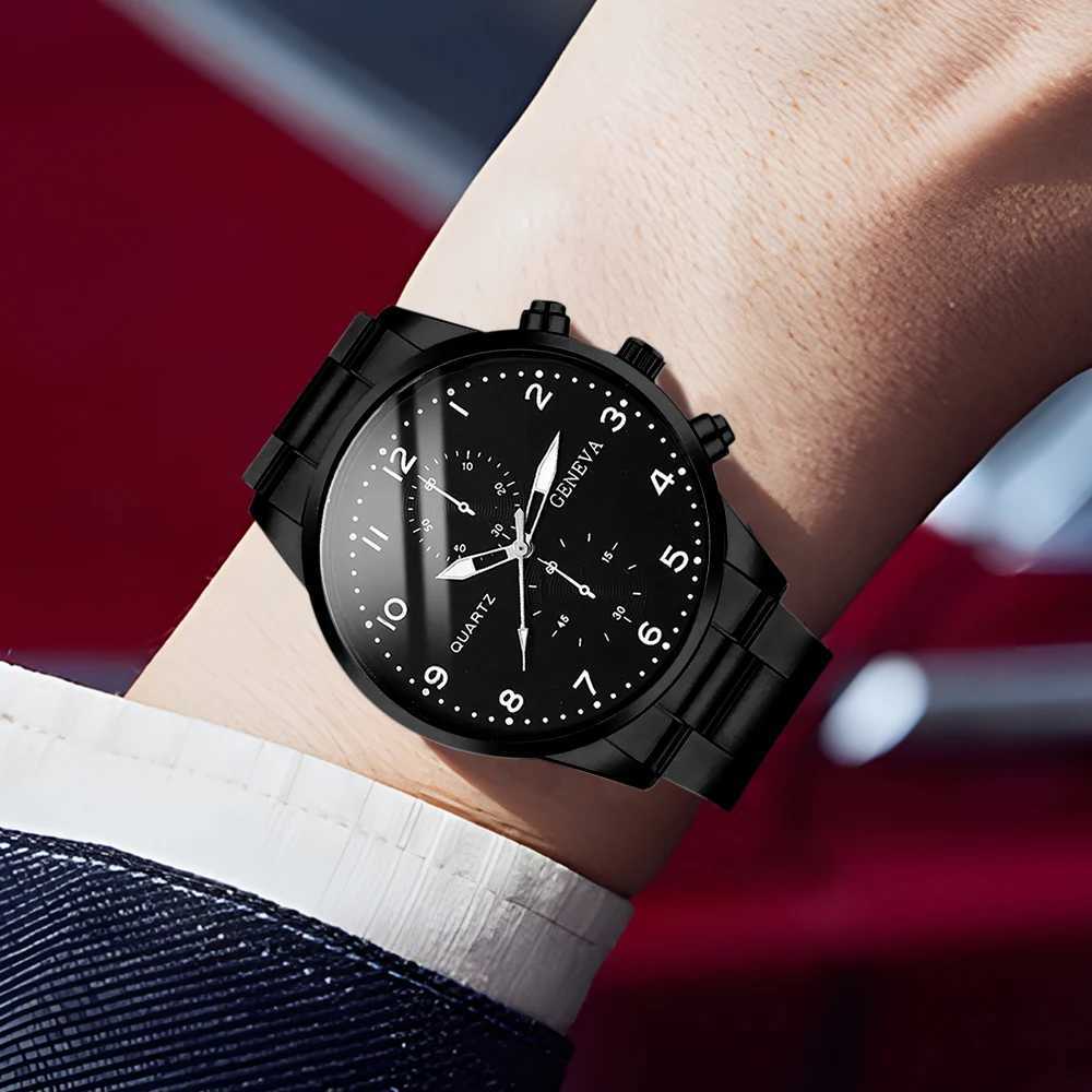 2PCS Mens Black Casual Fashion Three Eye Element Dial Quartz Wrist Leather Str Jewelry Set W250104