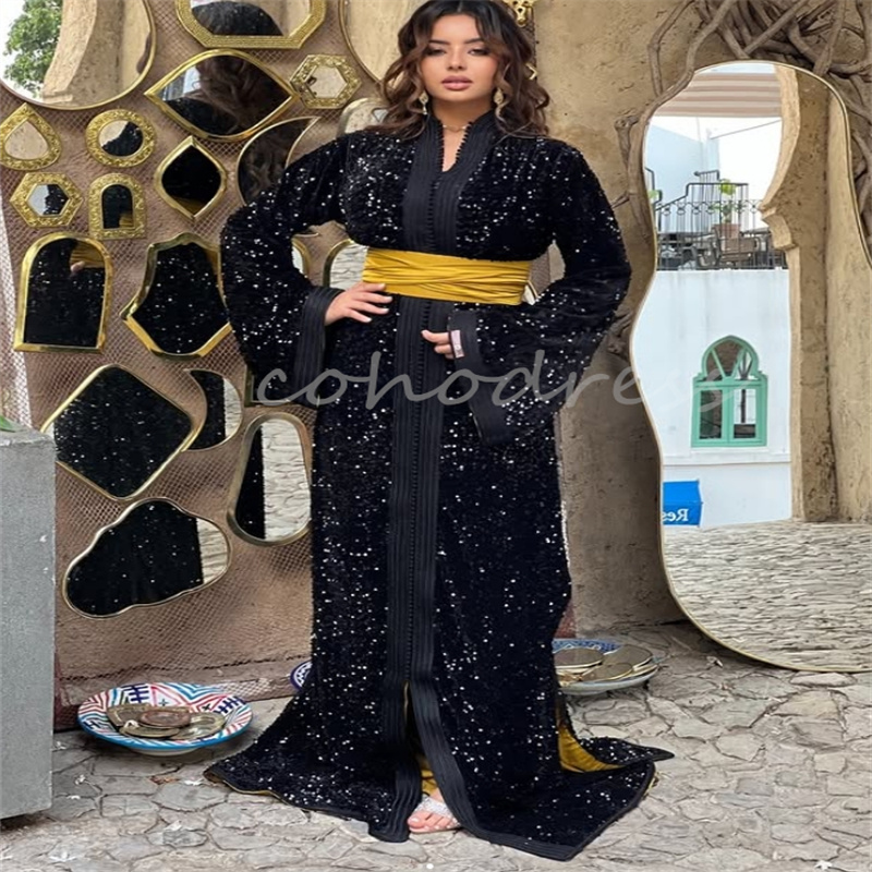 Luxury Caftan Moroccan Evening Dress Navy Blue With Fuchsia Sash Plus Size Sequin Prom Dresses Long Sleeve Dubai Abaya Engagement Arabian abendkleider