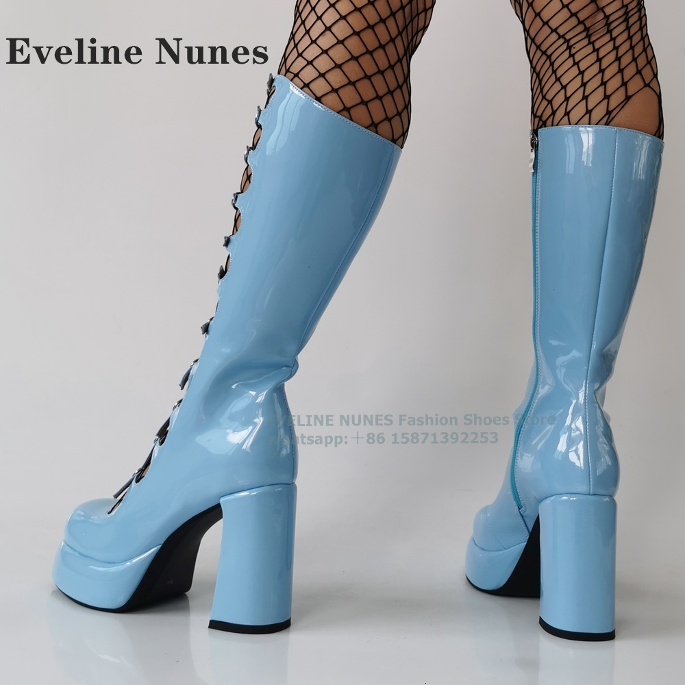 Platform Buckle Strap Sexy Blue Gladiator Round Toe Height Increasing Hollow Out Zipper Closure Knee-High Boots Plus Size 2024
