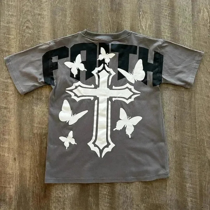 Street clothing T-shirt Y2K hip-hop letter retro cross graphic printing oversized mens T-shirt round neck cotton short sleeved top 241230